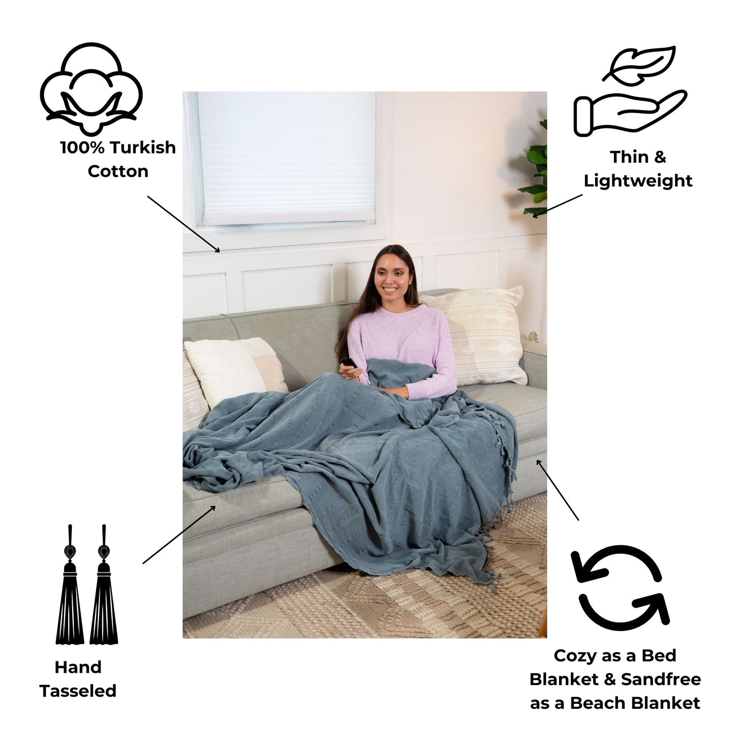 Stonewashed Organic XL Turkish Throw Blanket in Denim Blue/Grey