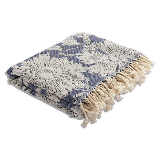 Garden Flower Organic Cotton Medium Weight Throw Blanket in Navy