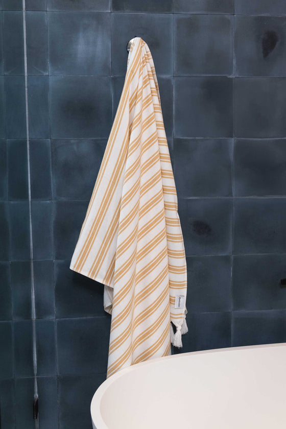 Bask Striped Organic Turkish Towel with Soft Terry Cloth Back in Mustard