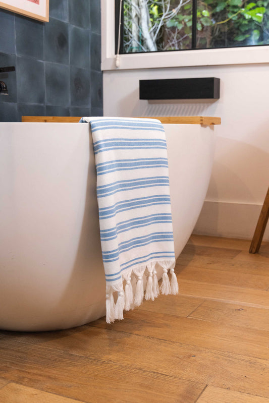Bask Striped Organic Turkish Towel with Soft Terry Cloth Back in Blue