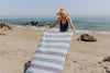 Kapris Striped Organic Turkish Towel with Soft Terry Cloth Lining in Aqua, Navy and White