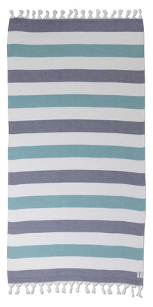  Kapris Striped Organic Turkish Towel with Soft Terry Cloth Lining in Aqua, Navy and White