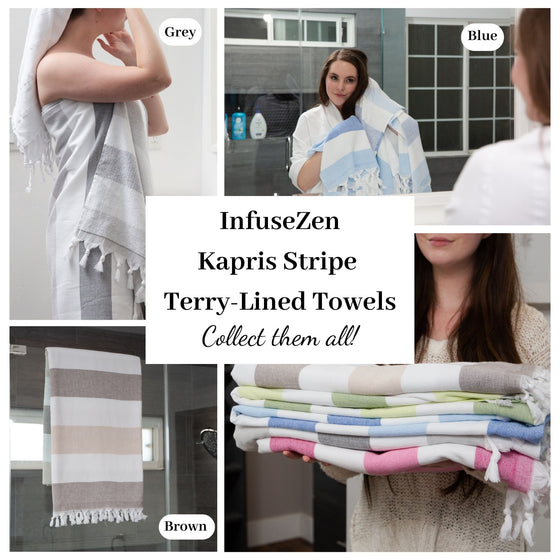 Kapris Striped Turkish Towel with Soft Terry Cloth Back in Blue and White