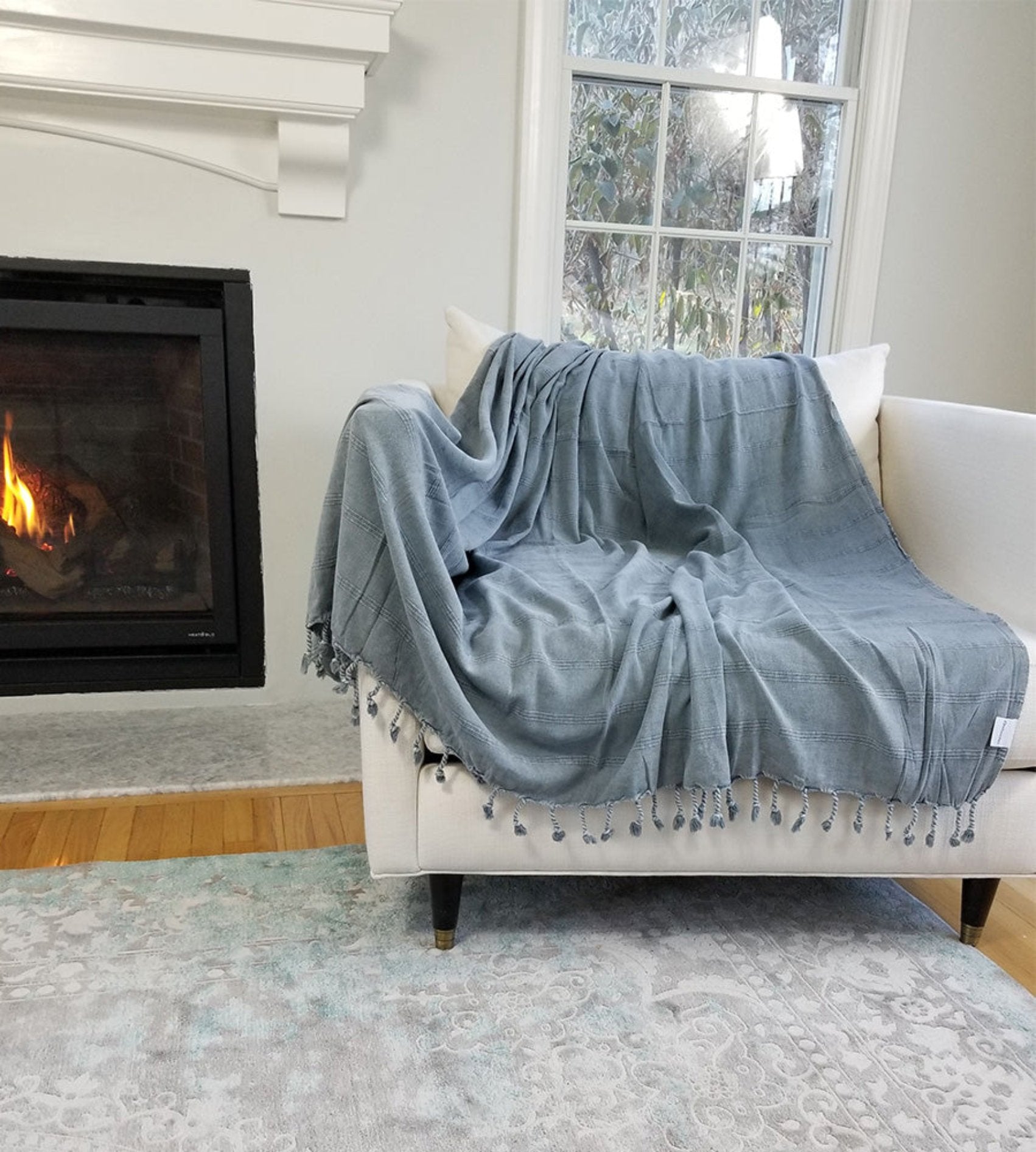 Stonewashed Organic XL Turkish Throw Blanket in Denim Blue/Grey