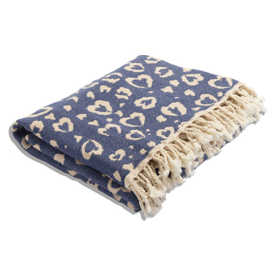 Leopard Heart Organic Cotton Medium Weight Throw Blanket in Navy & Natural