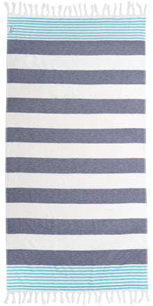  Marine Striped Turkish Towel with Soft Terry Cloth Back in Navy & Blue