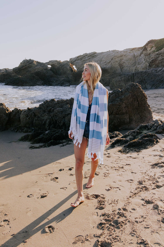Marine Striped Organic Turkish Towel with Soft Terry Cloth Lining in Turquoise & Grey