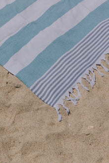  Marine Striped Organic Turkish Towel with Soft Terry Cloth Lining in Aqua & Navy