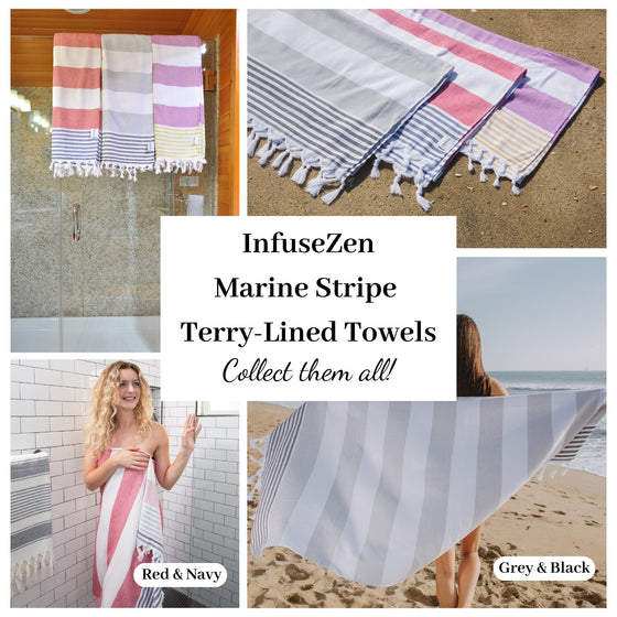 Marine Striped Turkish Towel with Soft Terry Cloth Back in Grey & Black