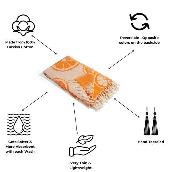 Citrus Print Cotton Reversible Turkish Towel in Orange