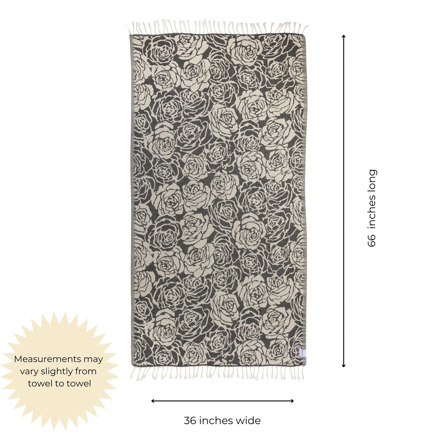 Towel with floral pattern and measurements on a white background ... 36 inches x 66 inches