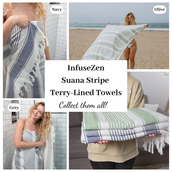 Sauna Stripe Organic Terry Cloth Lined Turkish Towel in Navy Blue