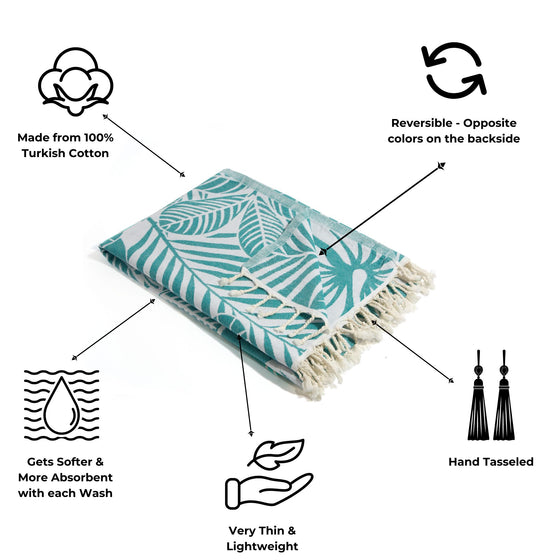 Hawaiian Flower Print Reversible Turkish Towel Made From 100% Cotton in Seagreen