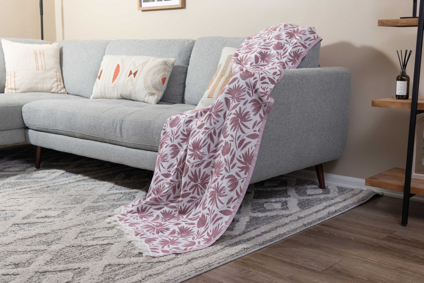 Whimsical Flower Organic Reversible Muslin Blanket in Burgundy & Natural