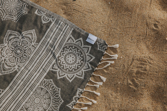 Mandala Flower Sand Resistant Turkish Towel in Black