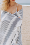Sauna Stripe Terry Cloth Lined Turkish Towel in Navy Blue