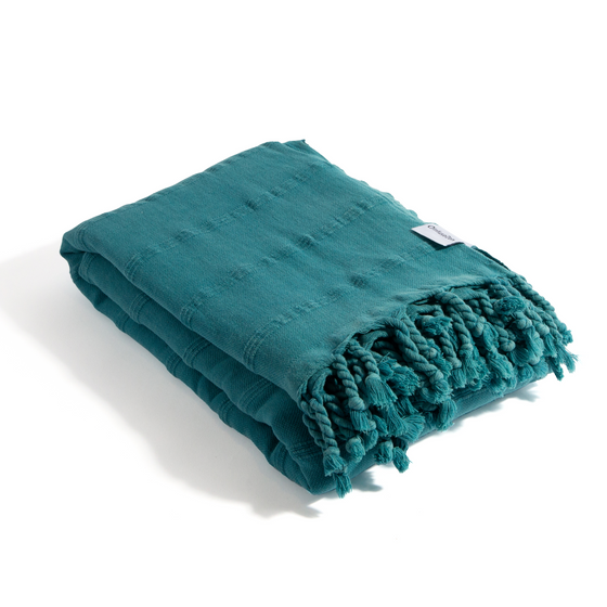 Stonewashed Large Turkish Throw Blanket in Teal Blue
