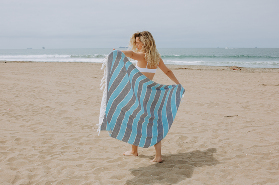 Multi Stripe Terry Cloth Lined Turkish Towel in Blue and Navy