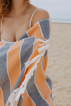 Thick Multi Stripe Terry Cloth Lined Turkish Towel in Orange and Navy Blue