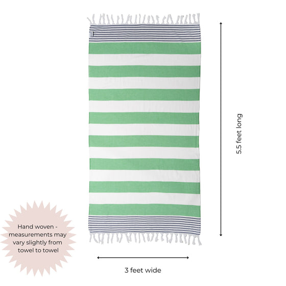 Marine Striped Turkish Towel with Soft Terry Cloth Back in Green & Navy