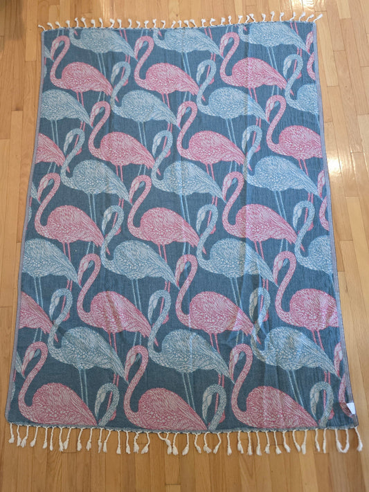 OUTLET SALE - Flamingo Organic Turkish Throw Blanket in Teal and Pink