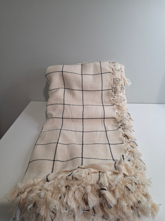 OUTLET SALE - Windowpane Plaid Turkish Cotton Throw Blanket in Cream/Black - FINAL SALE