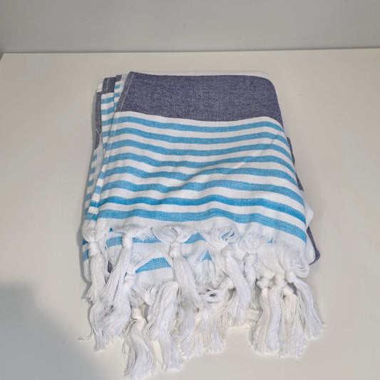 OUTLET SALE - Marine Terry Lined Turkish Towel in Navy and Blue - FINAL SALE