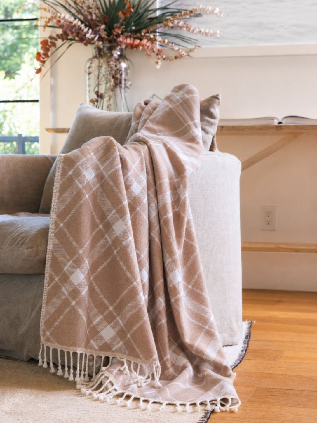 Plaid Organic Cotton Throw Blanket in Camel & Beige