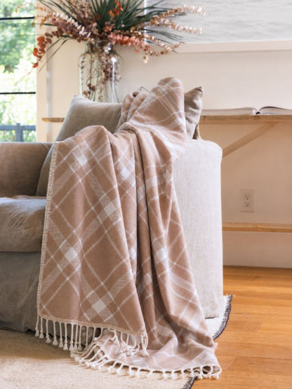 Plaid Organic Cotton Throw Blanket in Camel & Beige
