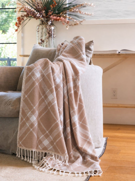 Plaid Organic Cotton Throw Blanket in Camel & Beige