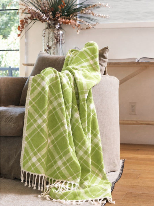 Plaid Organic Cotton Throw Blanket in Olive & Beige