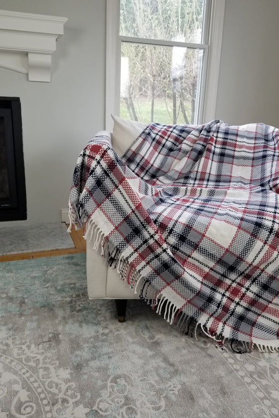 Plaid Turkish Throw Blanket in White with Red, Navy and Grey