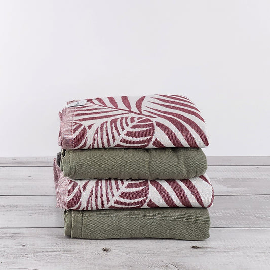 Christmas Carol Bundle #2 - Set of 4 Floral and Stonewashed Peshtemal Turkish Towels - Burgundy Hawaiian Flower (2), Khaki Green Stonewashed (2)