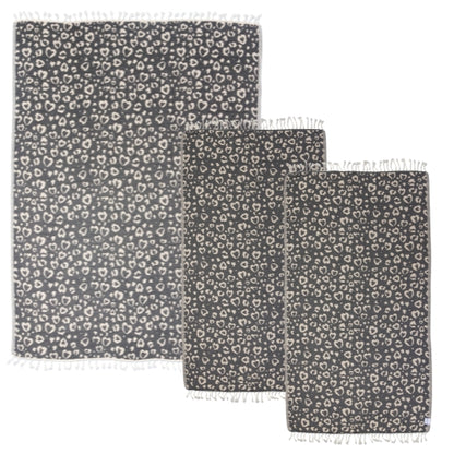 Leopard Heart Matching Blanket & Towel Bundle – Black (1 Blanket + 2 Towels)