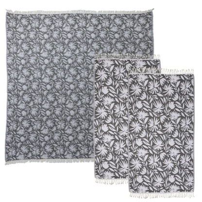 Whimsical Flower Matching Blanket & Towel Bundle – Black (1 Blanket + 2 Towels)