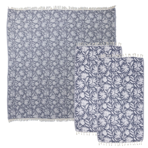 Whimsical Flower Matching Blanket & Towel Bundle – Navy (1 Blanket + 2 Towels)