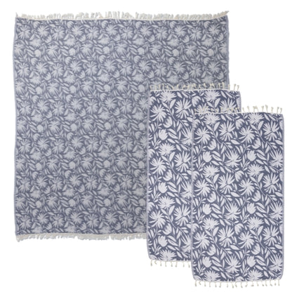 Whimsical Flower Matching Blanket & Towel Bundle – Navy (1 Blanket + 2 Towels)