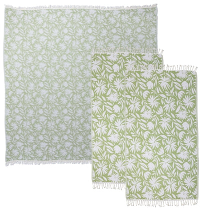 Whimsical Flower Matching Blanket & Towel Bundle – Olive (1 Blanket + 2 Towels)
