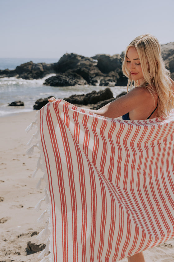Bask Striped Organic Turkish Towel with Soft Terry Cloth Back in Red