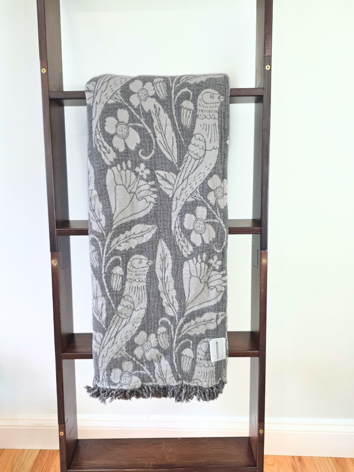 Bird and Botanicals Reversible Muslin Blanket in Charcoal and Grey