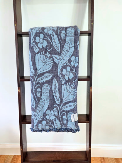 Bird and Botanicals Reversible Muslin Blanket in Navy and Blue