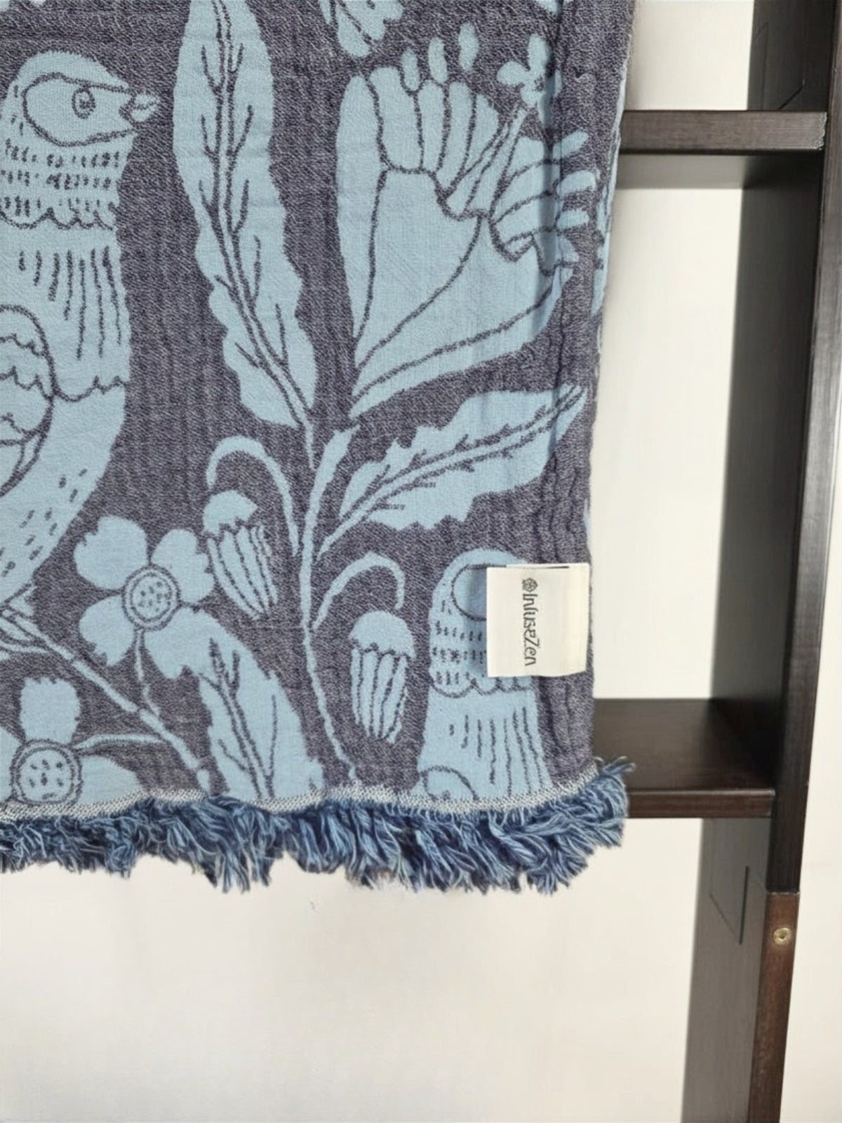 Bird and Botanicals Reversible Muslin Blanket in Navy and Blue