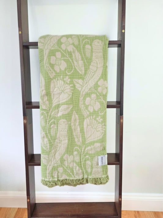 Bird and Botanicals Reversible Muslin Blanket in Olive and Beige