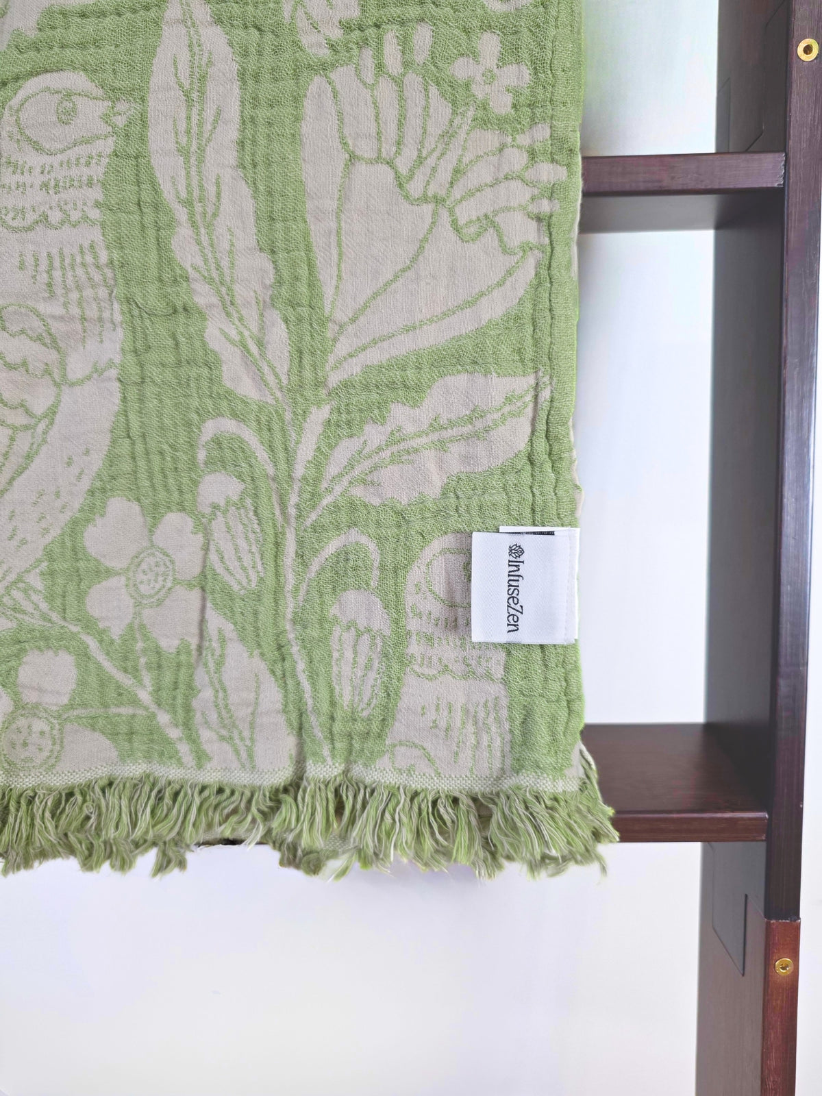 Bird and Botanicals Reversible Muslin Blanket in Olive and Beige