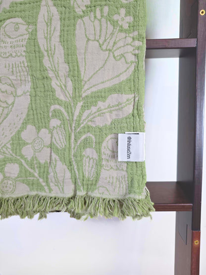 Bird and Botanicals Reversible Muslin Blanket in Olive and Beige
