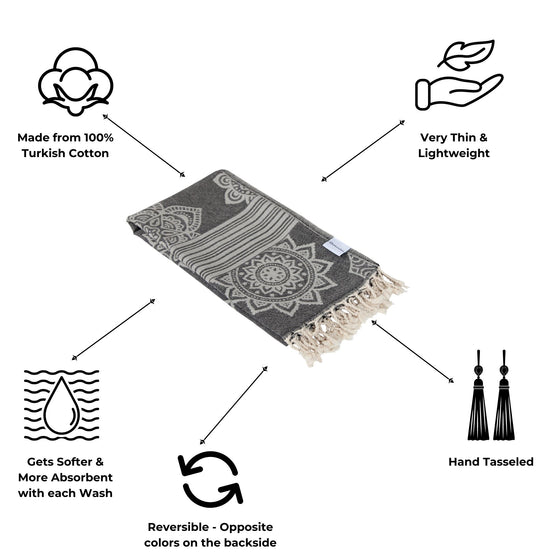 CLEARANCE - Mandala Flower Sand Resistant Turkish Towel in Black