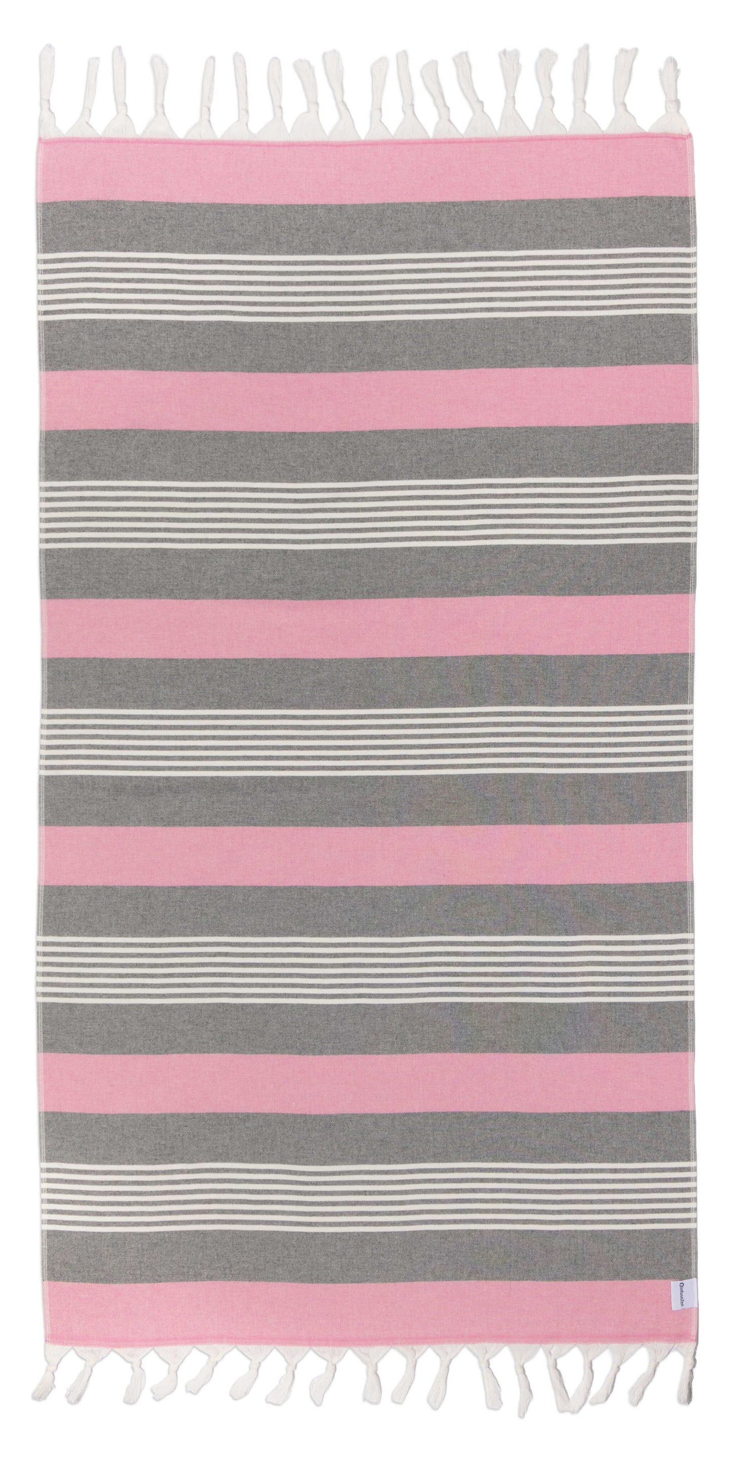 Striped towel with pink and gray horizontal stripes on a white background