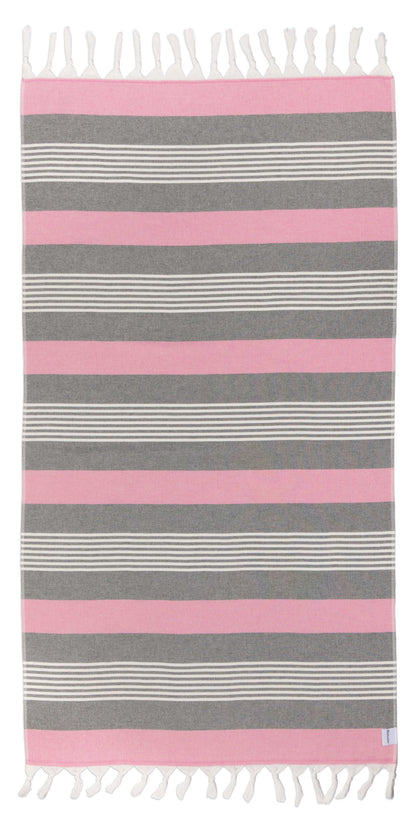 Striped towel with pink and gray horizontal stripes on a white background