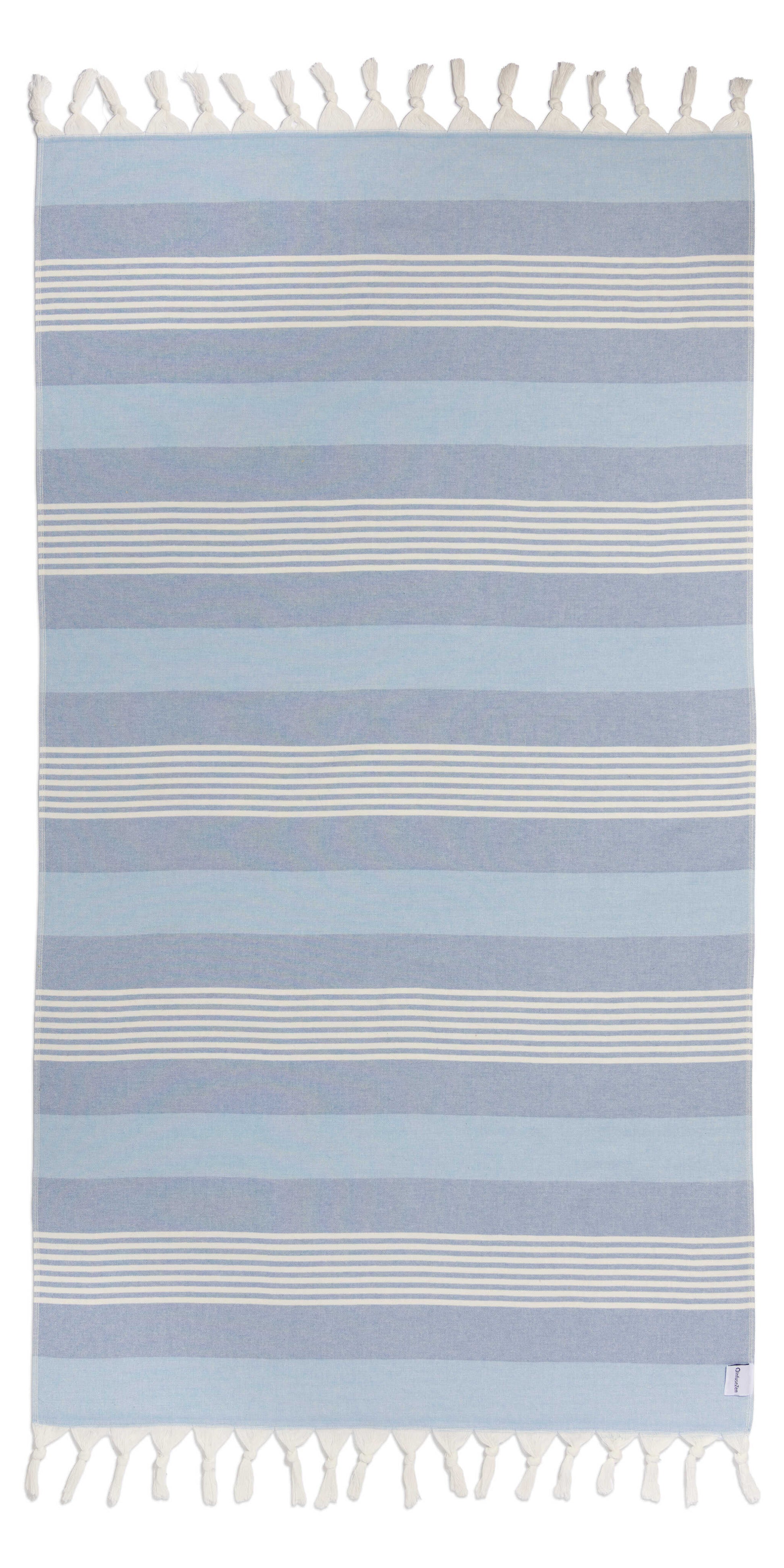 Striped blue and white rug with tassels on a white background