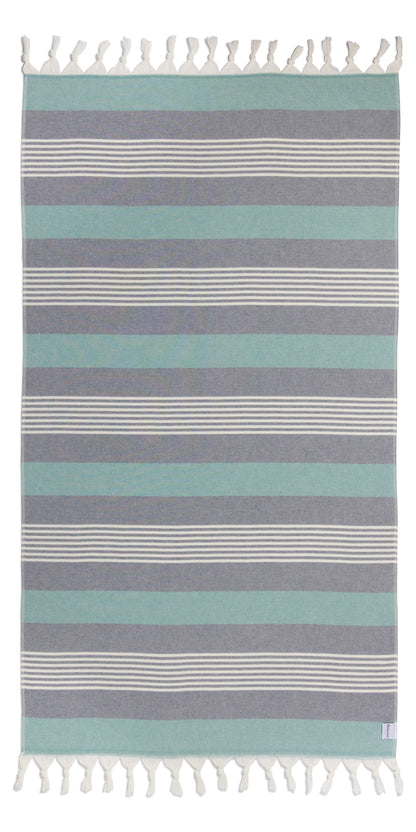 Breeze Striped Organic Turkish Towel with Soft Terry Cloth Back in Navy and Aqua